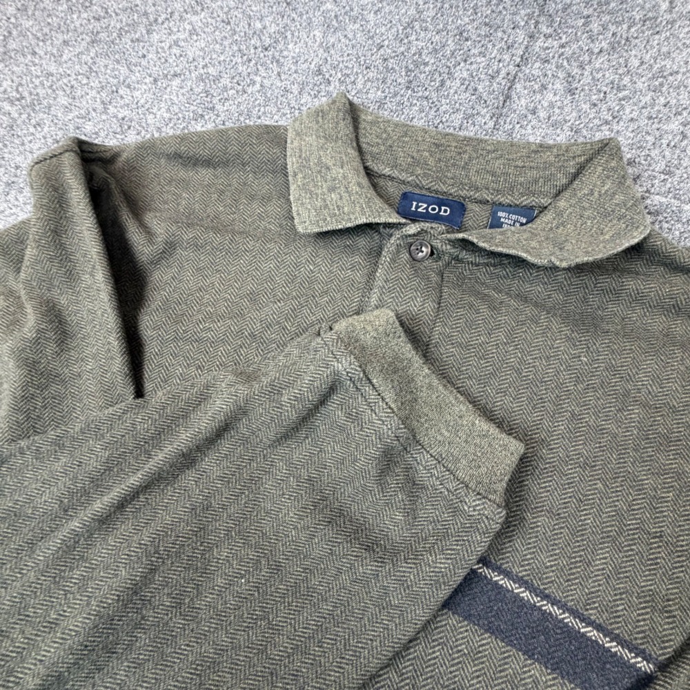 IZOD Mens XL Long Sleeve Polo Shirt Olive Green Herringbone Cotton Knit Sweater